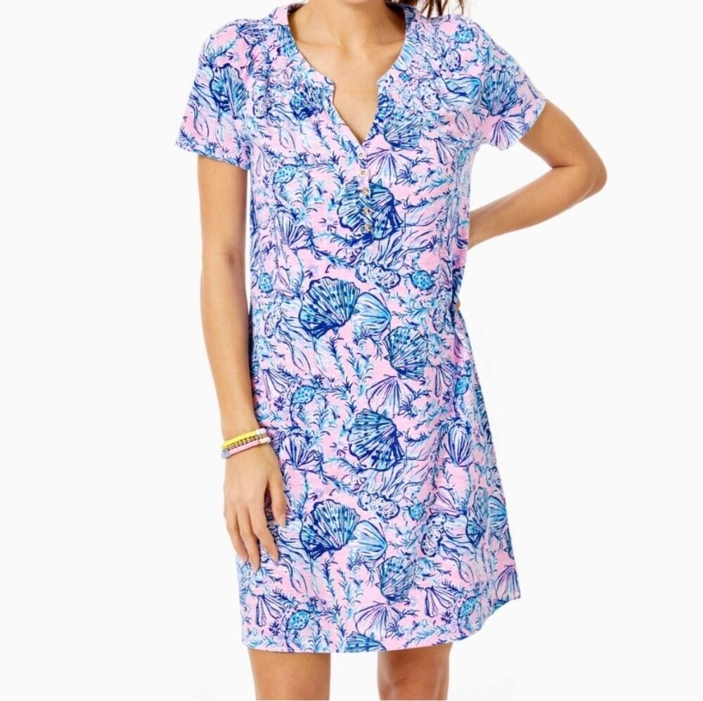 NWT Lilly Pulitzer Essie Short Sleeve Dress A Little Jelly Shell Print Pink Med